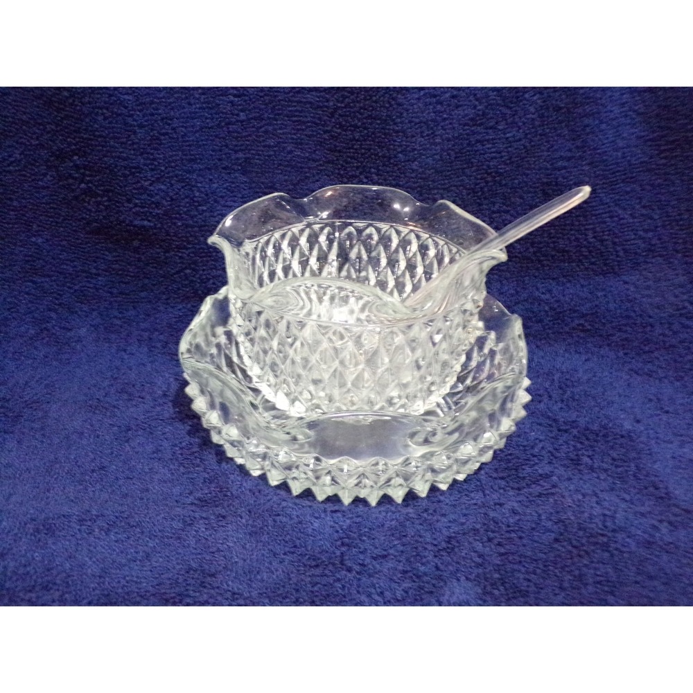 Indina Glass Co Vintage Diamond Point Crystal 1069 3 Piece Sauce/Mayo Set Boxed